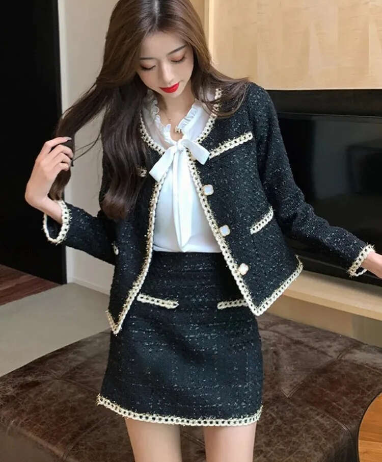 New spring women's black twill retro short top jacket mini skirt slim fit set