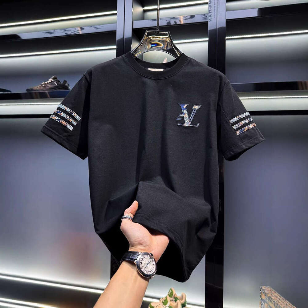 European Men's High-End Embroidered Round-Neck Short-Sleeve T-Shirt, New Trendy Brand Summer Fashion American Style Half-Sleeve