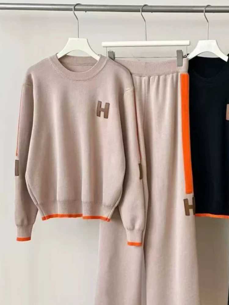 Women Knitted Two Piece Set Letter Patch Sweater and Wide Leg Pants with Contrast TrimT260228 - view 3