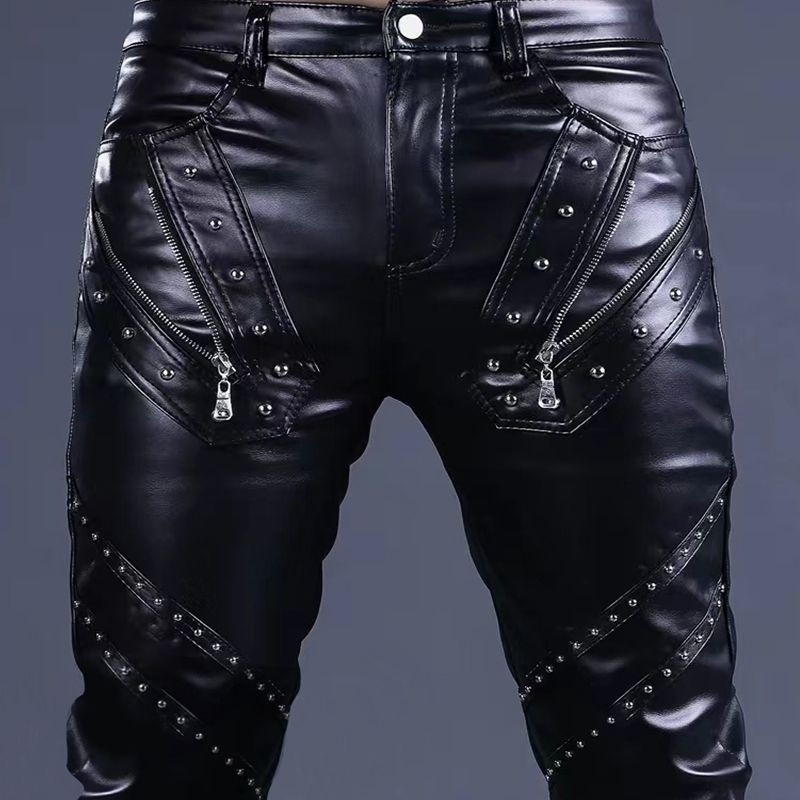 Mens leather pants Korean style slim-fit skinny pants cycling motorcycle performance trendy long pants for men 241115