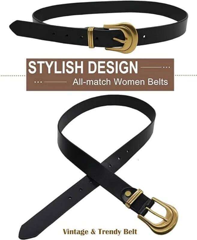 Genuine Women's with Gold Buckle Western for Women Black Leather Belt Retro Waist Belts Y260225