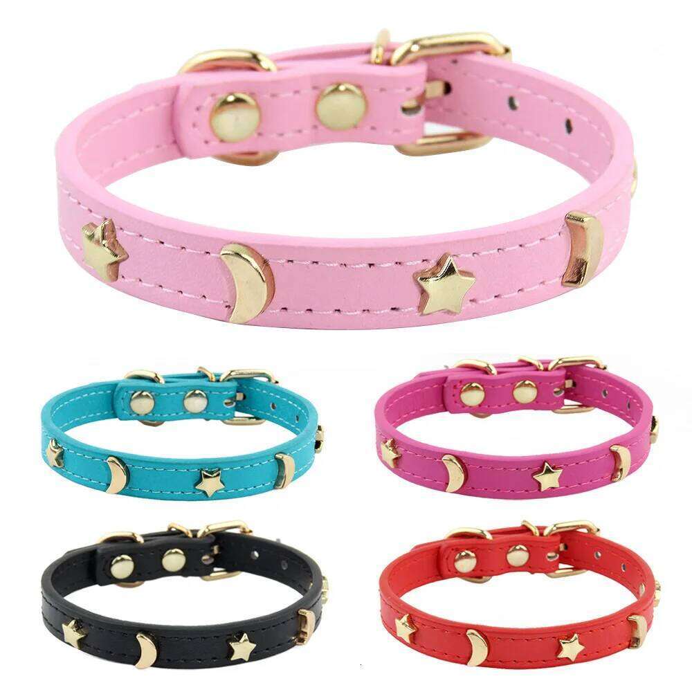 Cute Collar Soft Leather Pet Collars For Small Dog Kitten Puppy Necklace Cat Accessories Star Moon Rivets Decoration XS-M