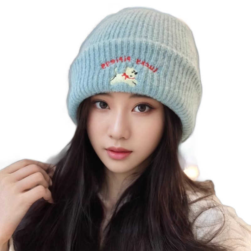 Cute puppy embroidered knitted hat warm for autumn and winter makes the face look smaller new ear-protecting woolen hat versatile cold weather hat S26