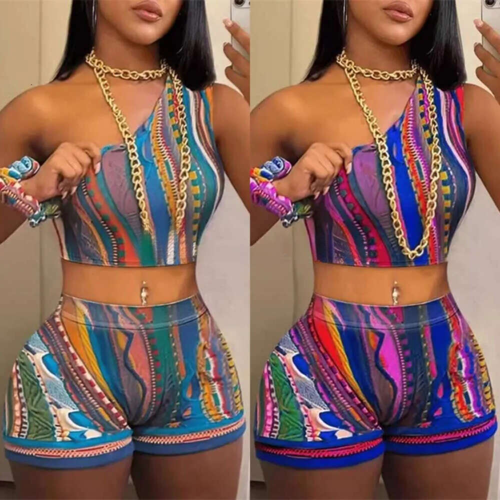 Summer new abstract print sexy sportswear designer women's multi-color vest shorts set 2026