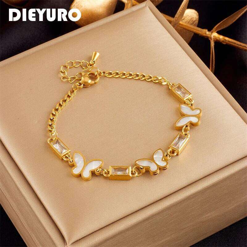DIEYURO 316L Stainless Steel White Square Crystal Butterfly Charm Bracelet For Women New Fashion Girls Bangles Jewelry Gifts Z260225
