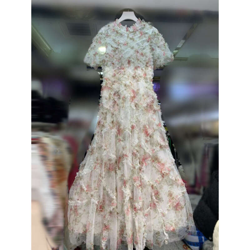 2026 Summer European and American Fashion Thick and Dreamy Gorgeous Princess Party Ruffle Mesh Fluffy Long Dress