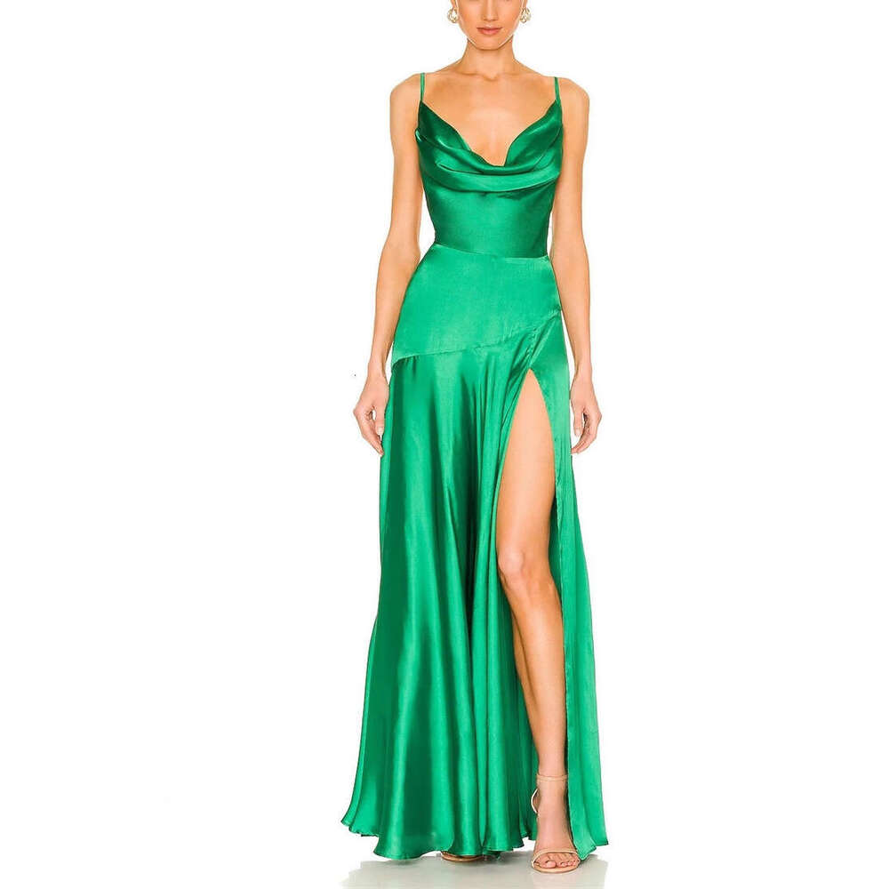 2026 summer European and American niche goddess sexy backless collar waist high slit satin flowing vacation long dress