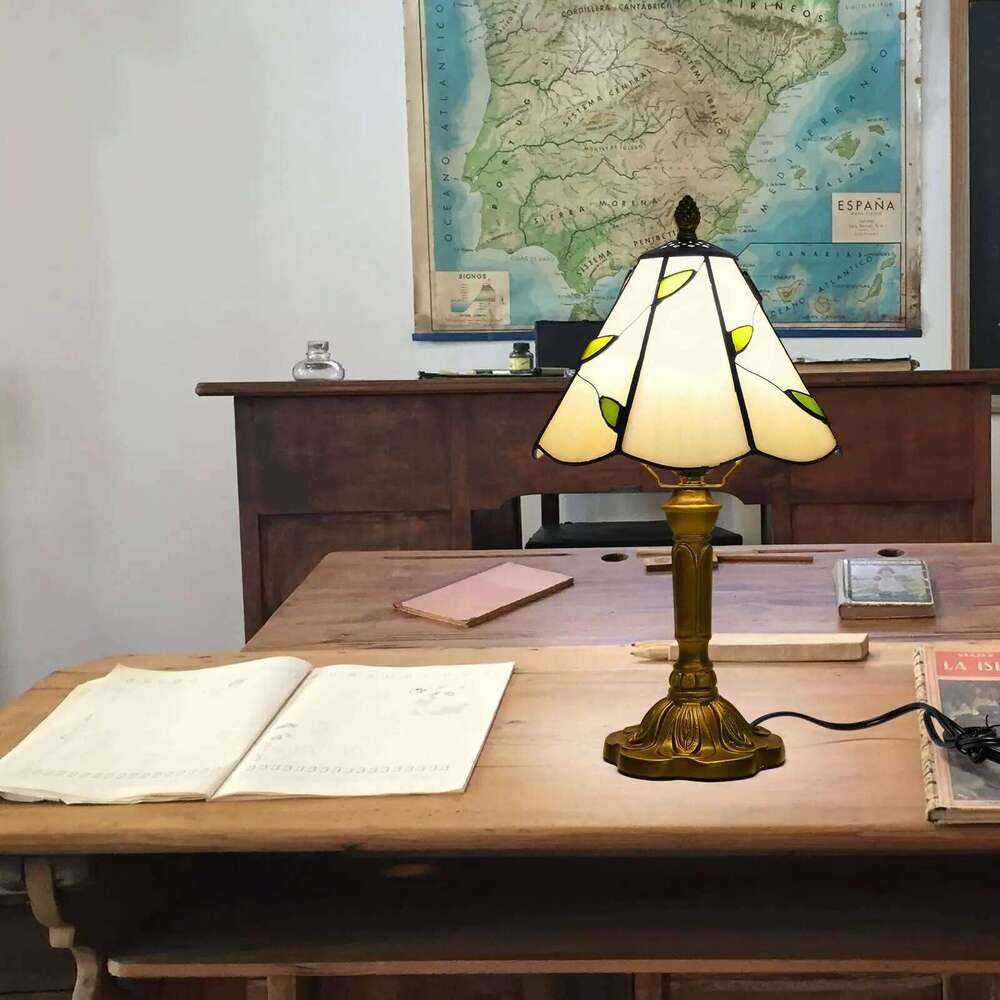 Beige Leaves Style Tiffany Table Bedside Nightstand Lights Vintage Desk Lamp Stained Glass for Living Room, Bedroom, H260225