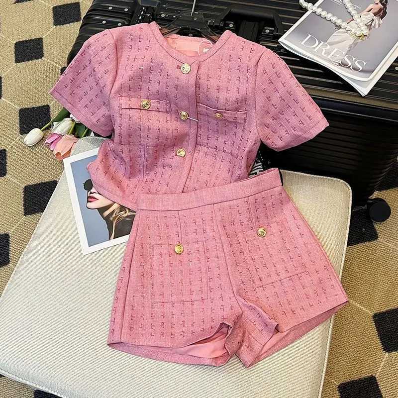 BESTBAFU Pink Tweed 2 Piece Set for Women, Short Sleeve Jacket & High Waisted Shorts, Summer Fashion Outfit 003PT260226