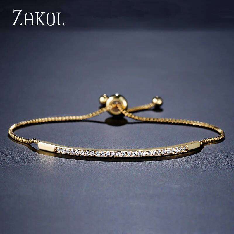 ZAKOL Simple Round Crystal Zirconia Adjustable Chain Bracelet White Gold Color Fashion Jewelry Birthday Gifts for Women Z260225
