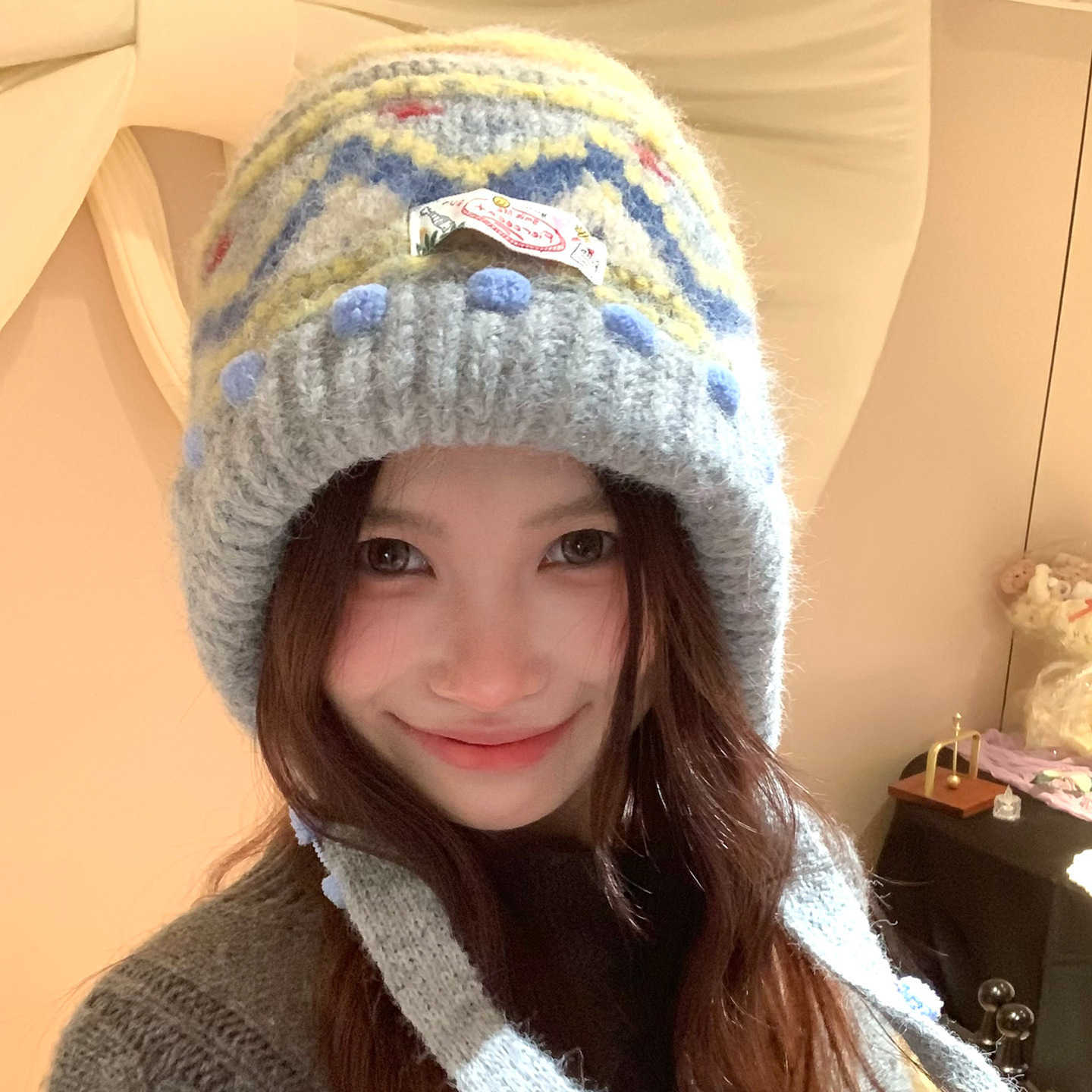 Fair Isle Knit Wool Hat for Women Autumn and Winter Warm Balaclava Thickened Ear Protection Headwrap Hat S260225