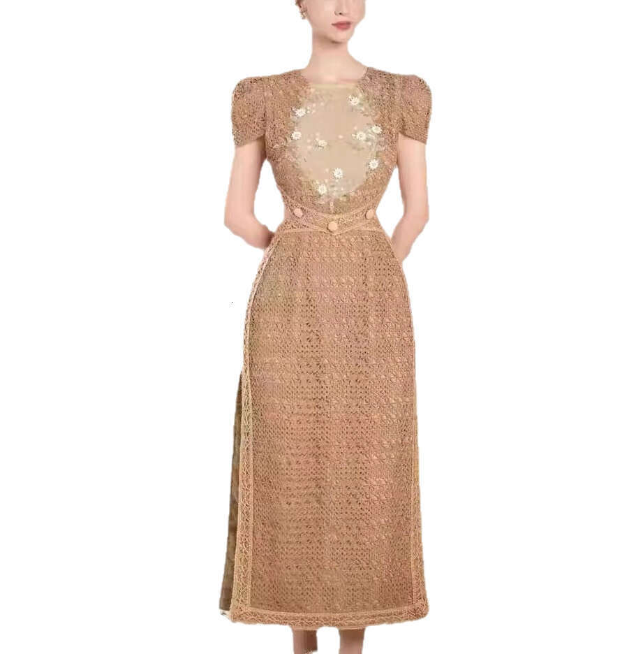 Vietnamese niche design embroidered beaded hand-woven lace trim new Chinese style high-slit cheongsam long dress