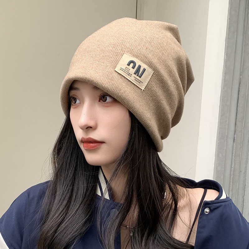 Knitted Hat for Women with Letters Spring and Autumn Celebrity Style Face Slimming Versatile Knitted Hat Cold Hat Head Wrap Slouchy Hat Autumn and Win