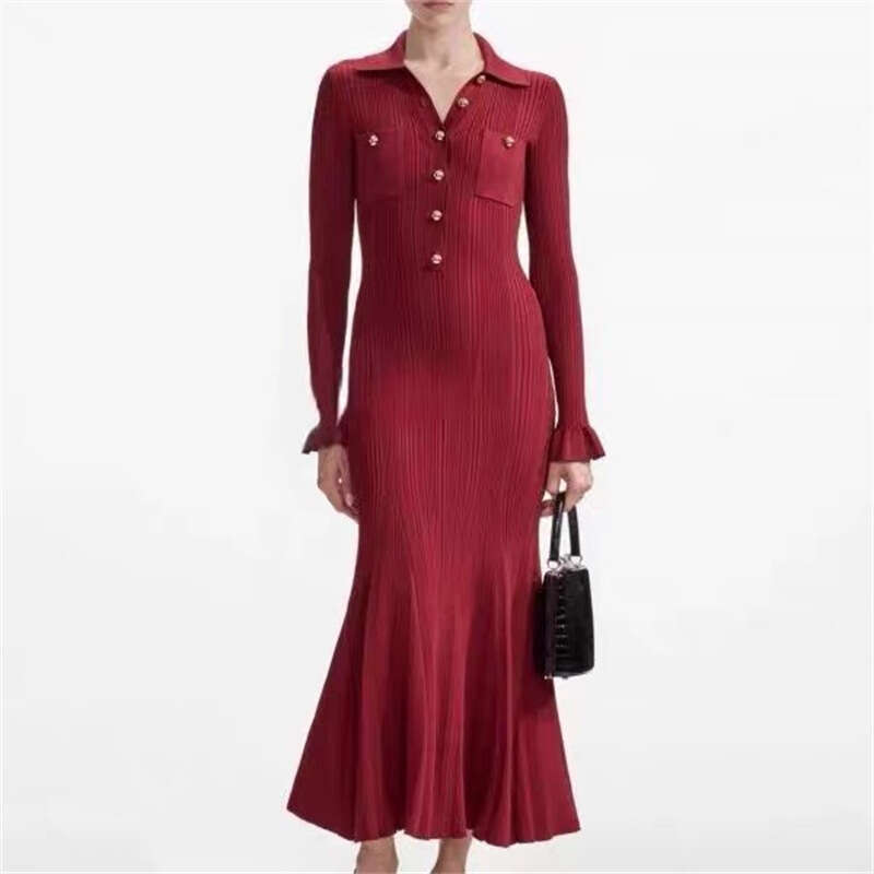 Autumn and winter goddess elegant temperament lightweight style versatile lapel V-neck metal buckle knitted elastic slim long dress 2026