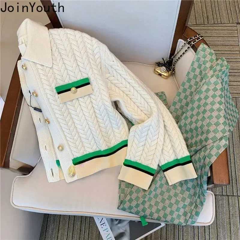 Women's 2 Piece Set, Knit Cardigan & Plaid Wide Leg Pants, Korean Casual OutfitT260226