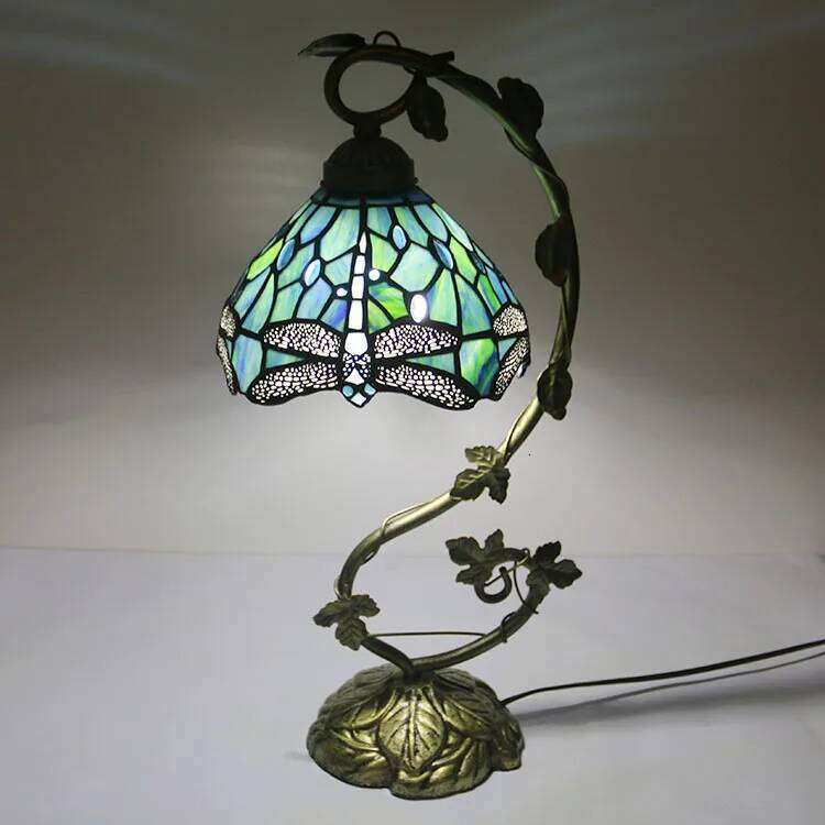 8Inch Desk Banker Stained Glass Bedside Table Lamp Blue Dragonfly Style Metal Leaf Thin Base 21Inch Tal H260225