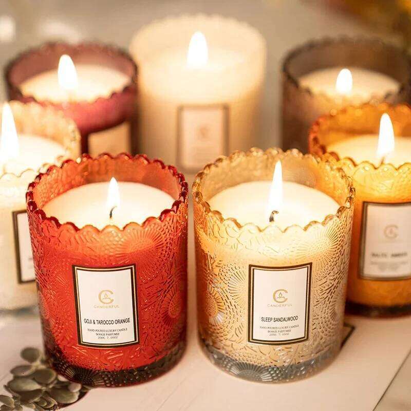 Lace Embossed Scented Candle Soy Wax Glass Cup Home Bedroom Living Room Air Fresh Fragrance Ornaments W260226