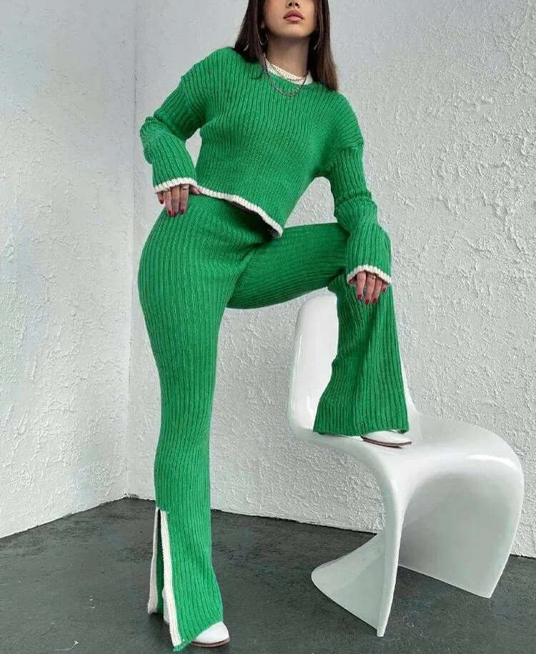 Women's two-piece long pants sports suit pullover wide leg set 2026 autumn casual elegant street wear color blocked knitting