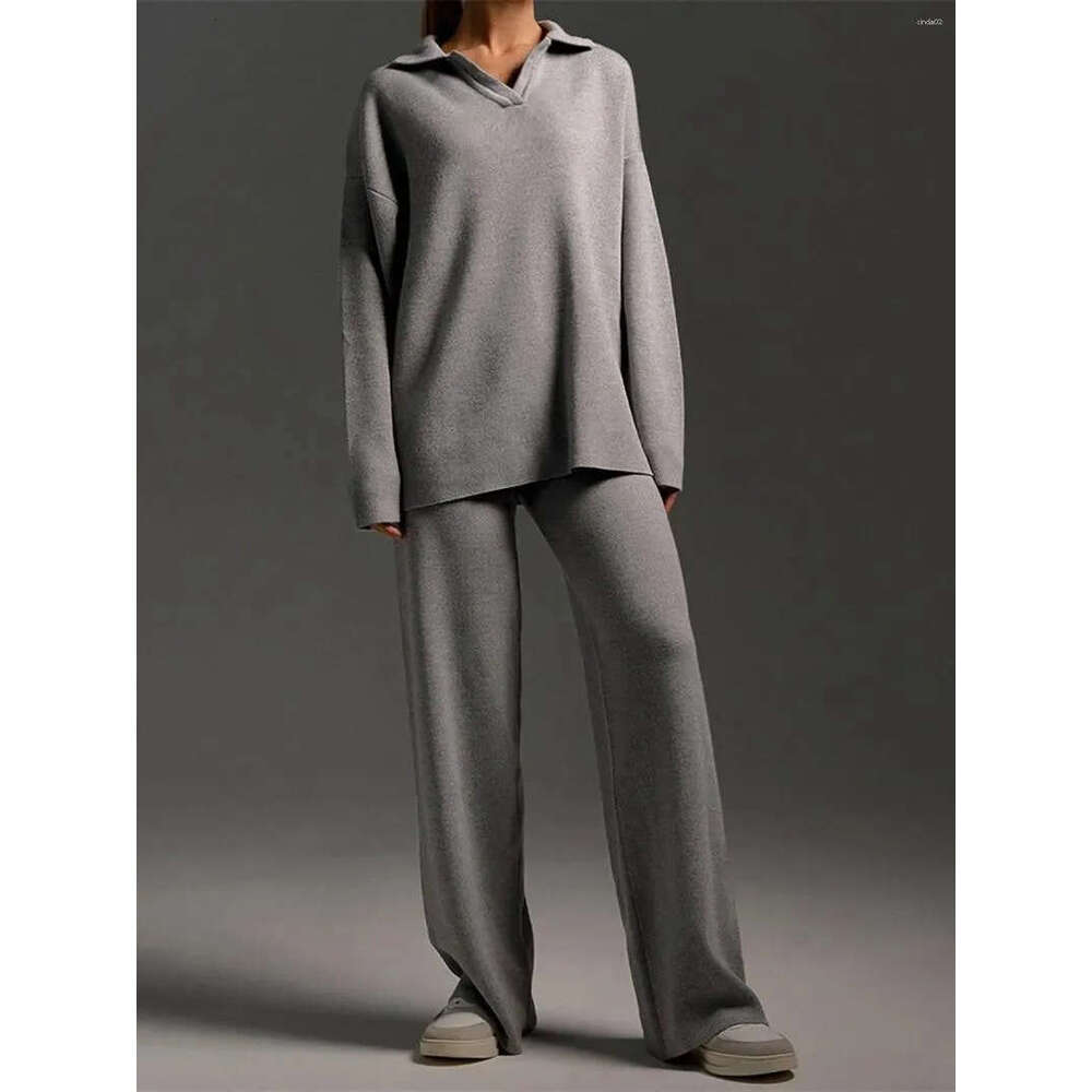Winter thick women's knitted suit, soft women's sweater, wide leg set, two-piece set, long pants, oversized