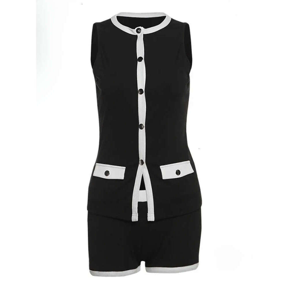 Women's sports two-piece sleeveless button down cardigan top shorts casual black set women 2026