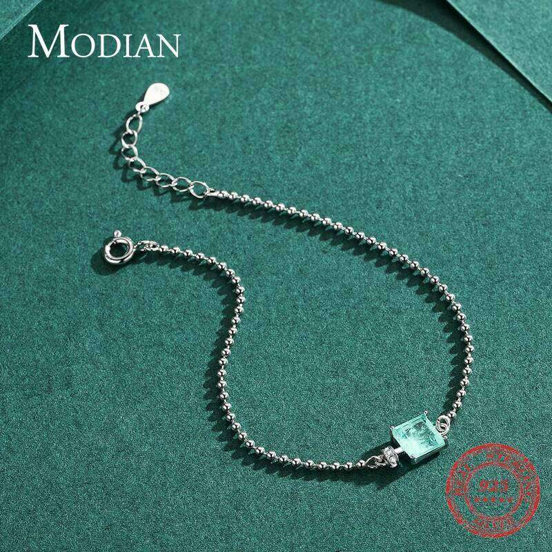 Modian 2021 New Real 925 Sterling Silver Luxury Square Tourmaline Beads Chain Bracelet For Women Paraiba Fine Statement Jewelry Z260225