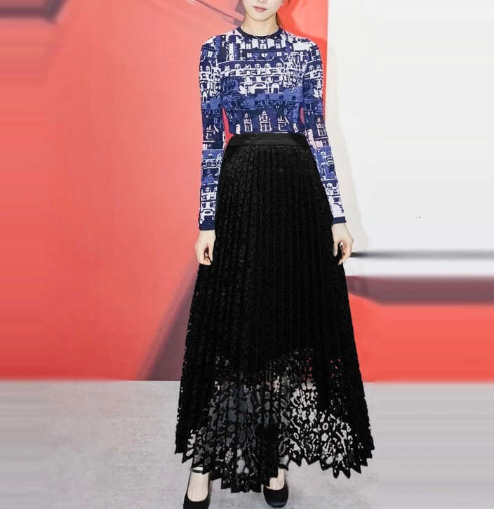 2026 Spring New European Series Celebrity Style Fashion Printed Knitted Top and Lace Horn Long Skirt Set