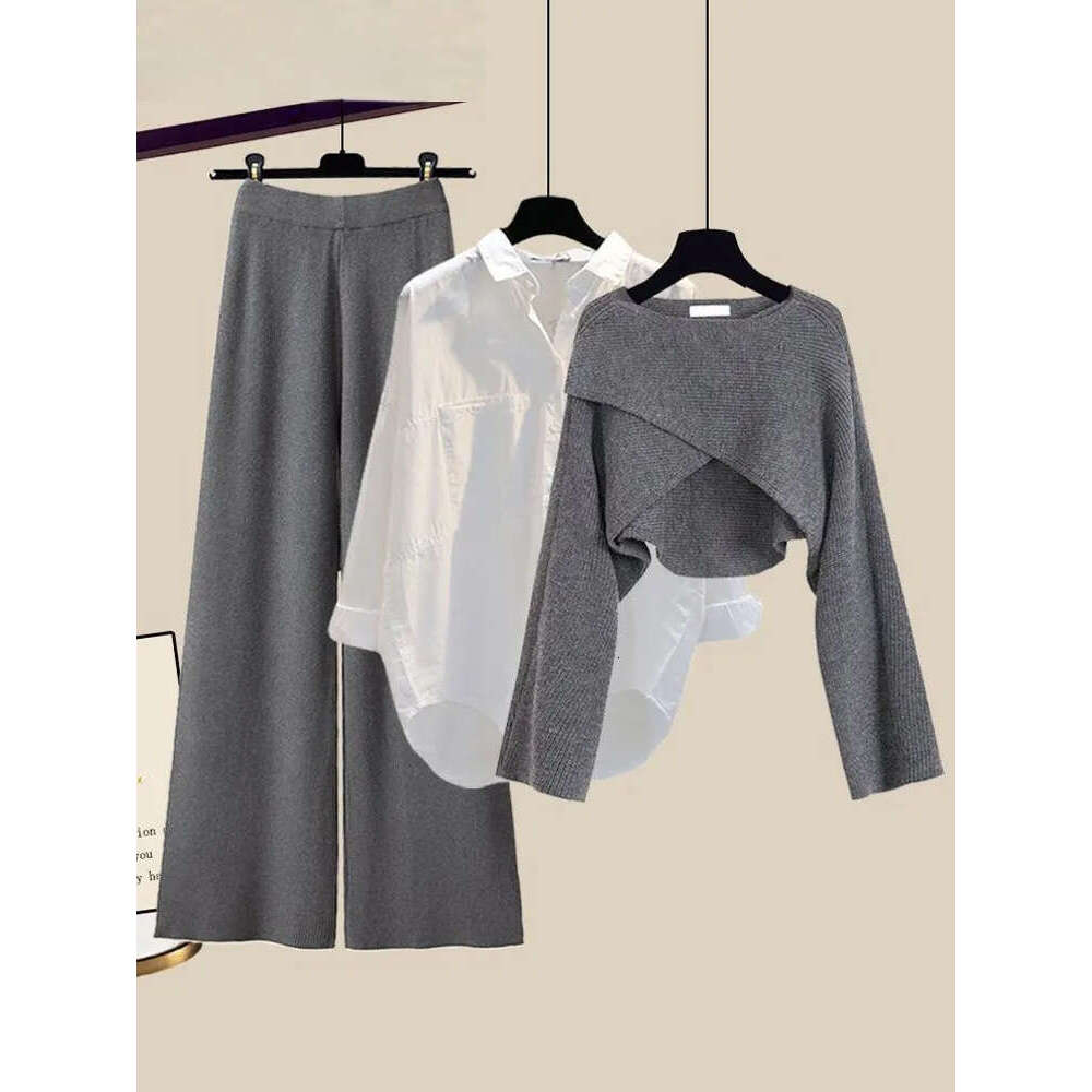 Women's pants autumn/winter office ladies elegant irregular knitted sweater shirt wide leg set women's clothing