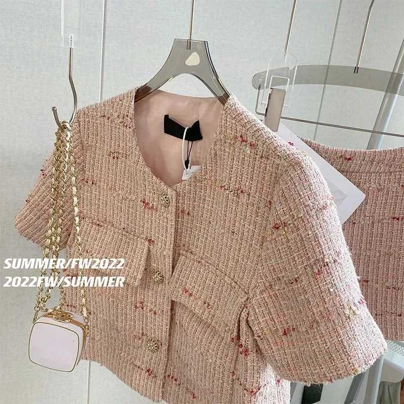 Pink Tweed 2 Piece Set for Women, Crop Jacket & Shorts Matching OutfitT260226