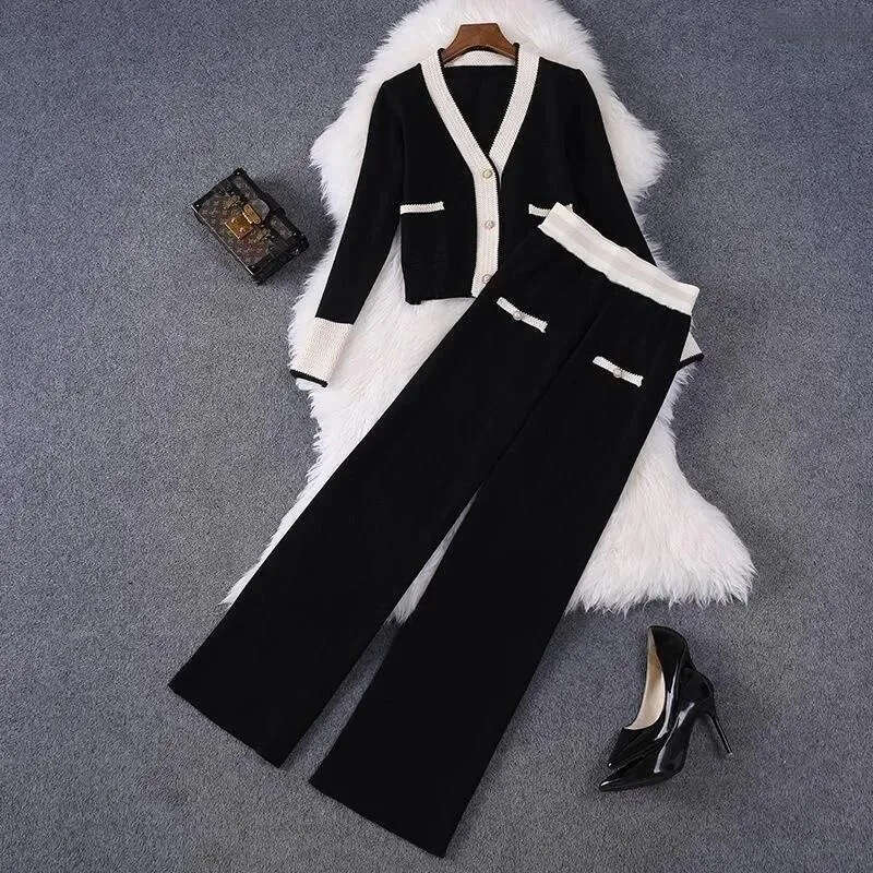 Women's knitted cardigan pants Korean solid color two-piece set Spring and Autumn women's fashionable casual wide leg