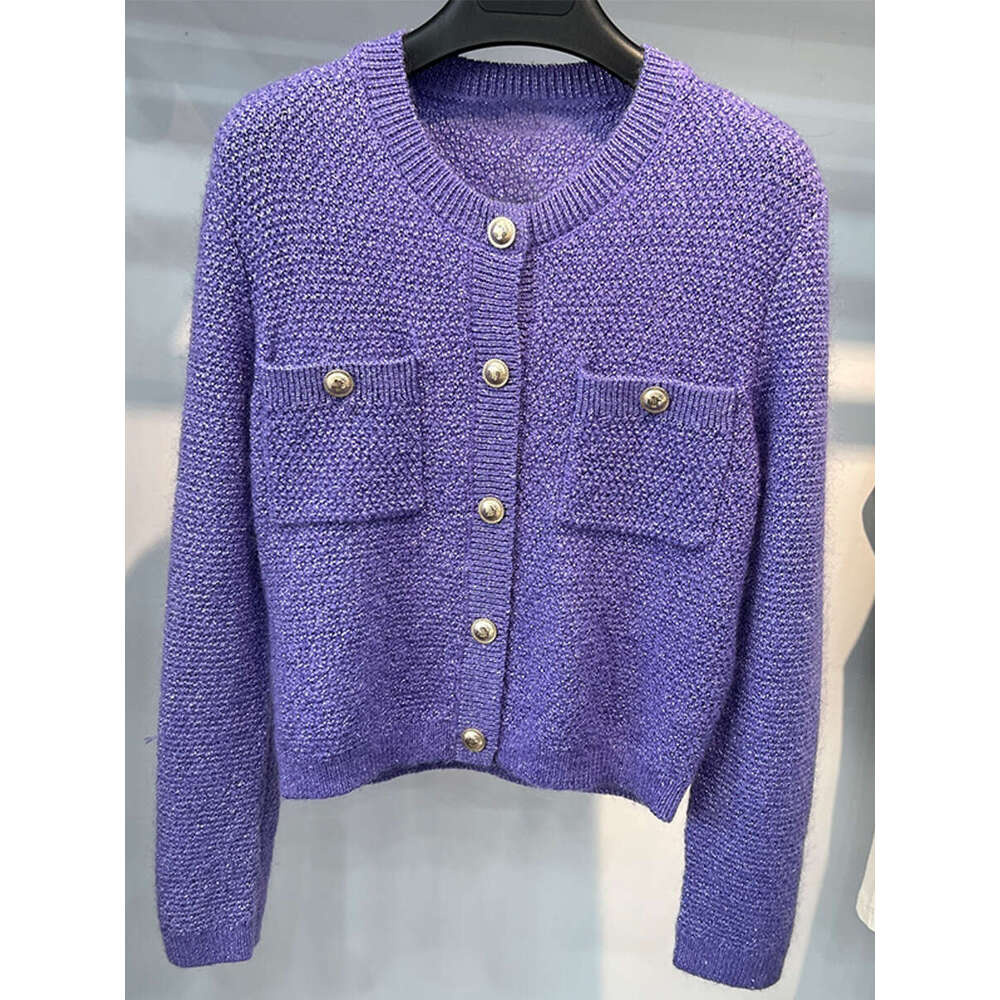 2026 Spring/Summer New French Fragrant Knitted Women's Cardigan Shiny Silk Short Classic Round Neck Sweater Jacket