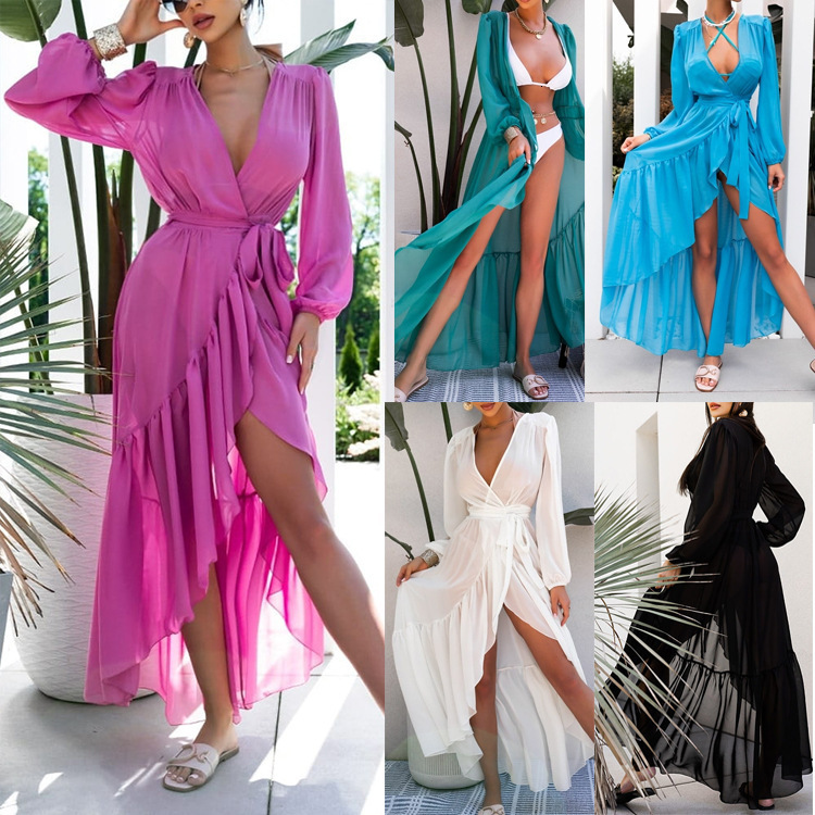 In Dresses Sexy Long Sleeves Beach Cover Ups Solid Printed Women Swimwear Female Bathing Suit Tonic Beachwear 250314