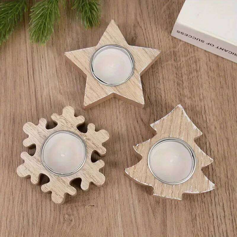 2PCS Wooden Candle Holder Snowflake Candlestick Christmas Decorations for Home Xmas Table Ornaments W260226