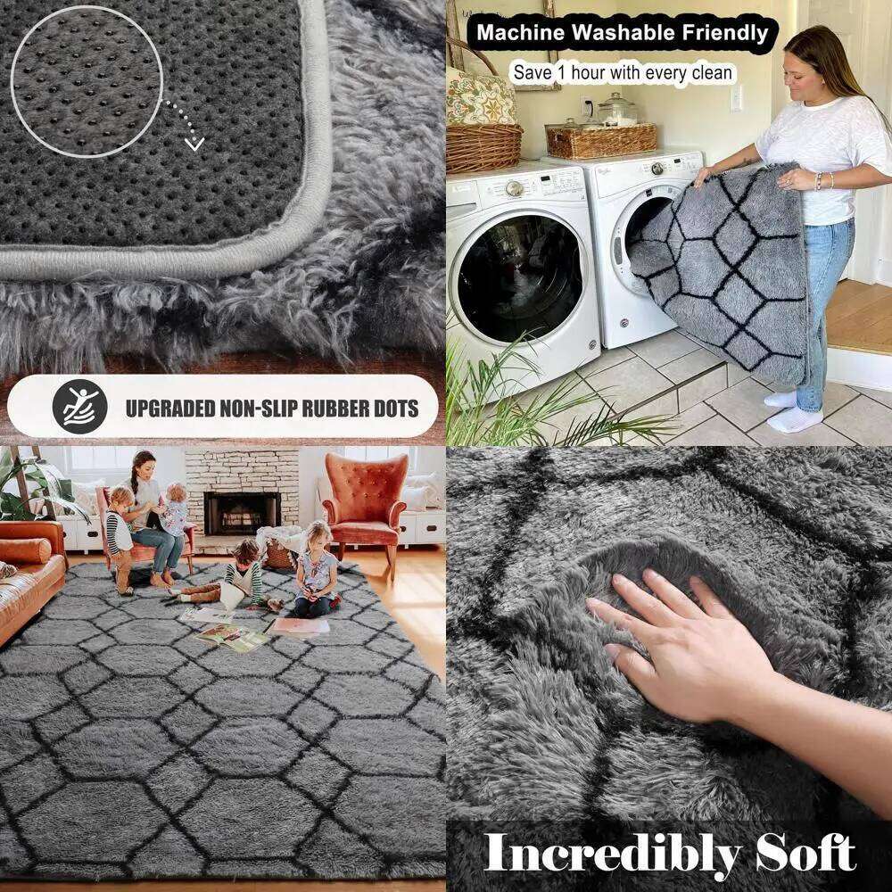 Large Grey Black Geometric Shaggy Rugs Living Spaces, Washable Plush Throw Carpets for Bedrooms, Kids' Rooms, and Dorms W260226