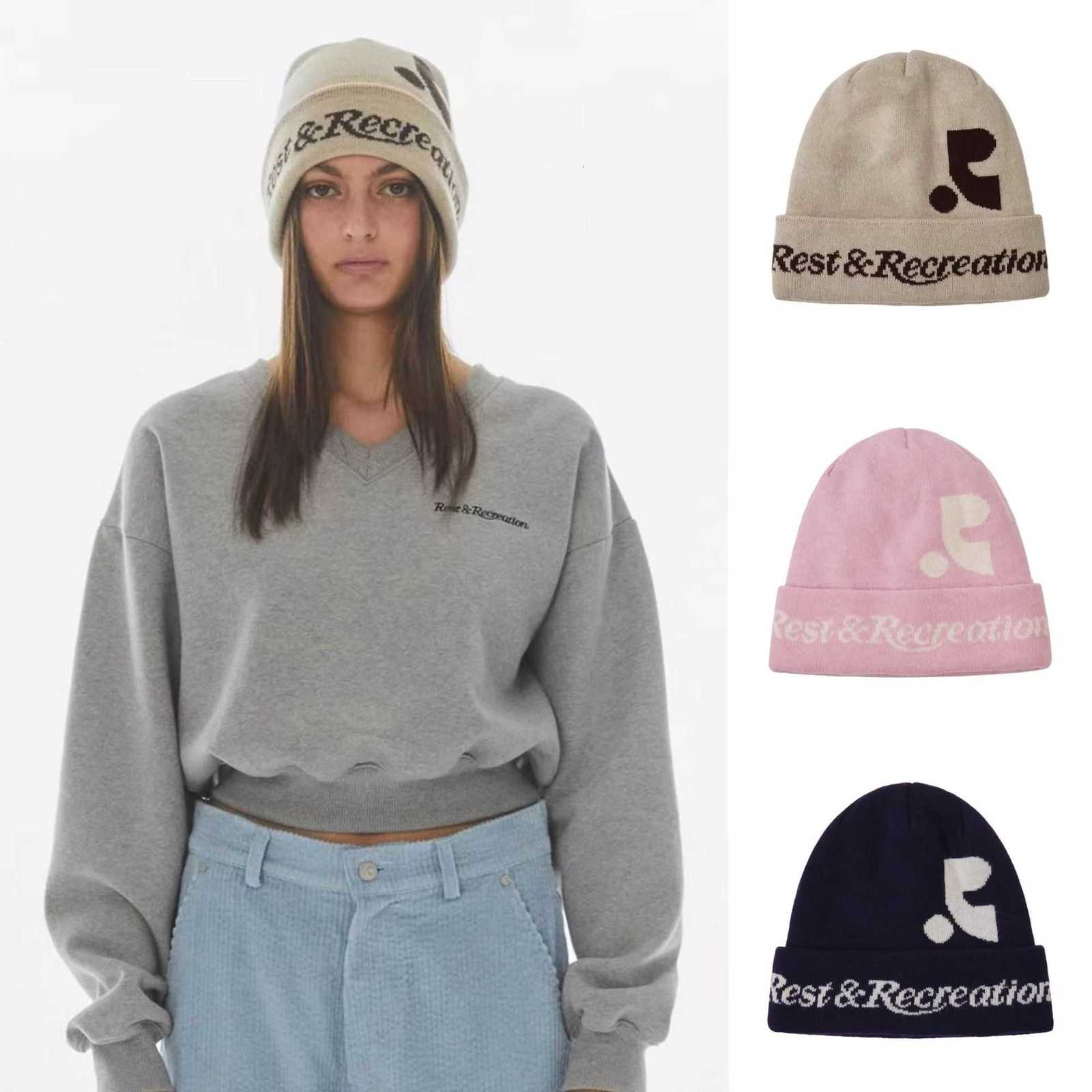 Korean restandrecreation letter-printed knitted wool hat for men and women RR round-top warm beanie S260225