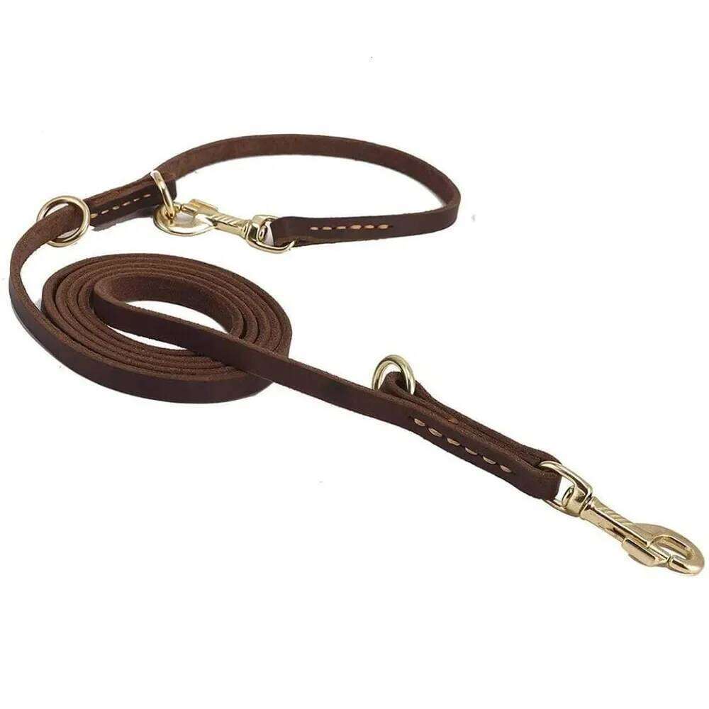 Real Leather Multifunctional Dog Tie Out Cable Pet Hands Free for Walking Running Double Dogs Leash Leads