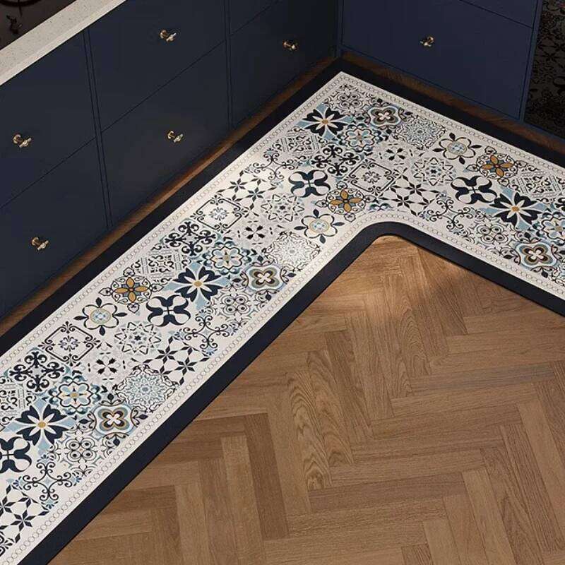 Corner L-shaped Kitchen Carpet Retro Floral Pattern PVD Floor Ethnic Style Plaid Waterproof Rug Non-slip Scrubbable Foot Mat W260226