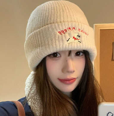 2025 Fall/Winter Girls Student Knit Hat with Puppy Embroidery Cute Versatile Warm and Face-Slimming S260225
