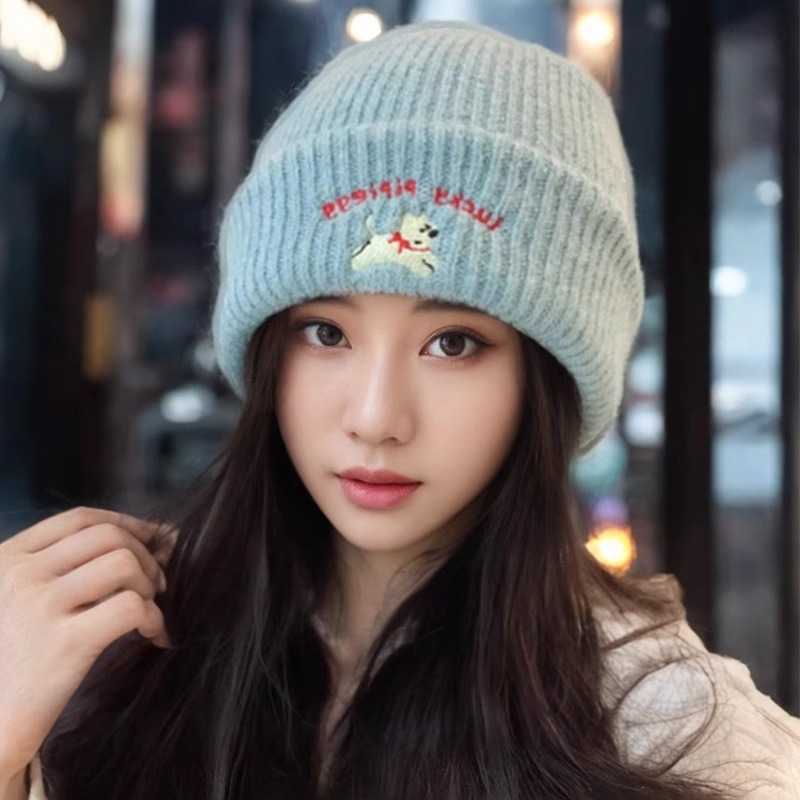 Cute puppy embroidered knitted hat warm for autumn and winter makes the face look smaller new ear-protecting woolen hat versatile cold weather hat S26