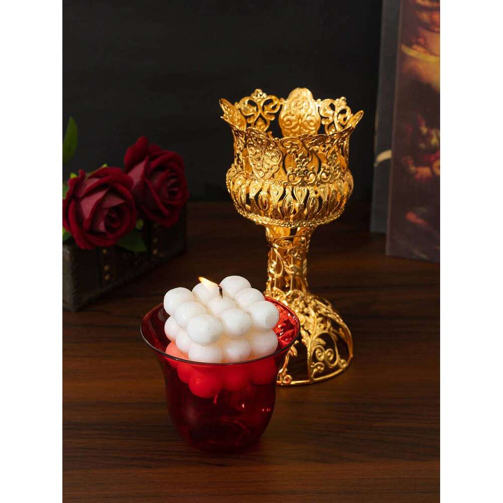 Cross-border hot selling metal red glass bowl cup European style ornament candle holder W260226