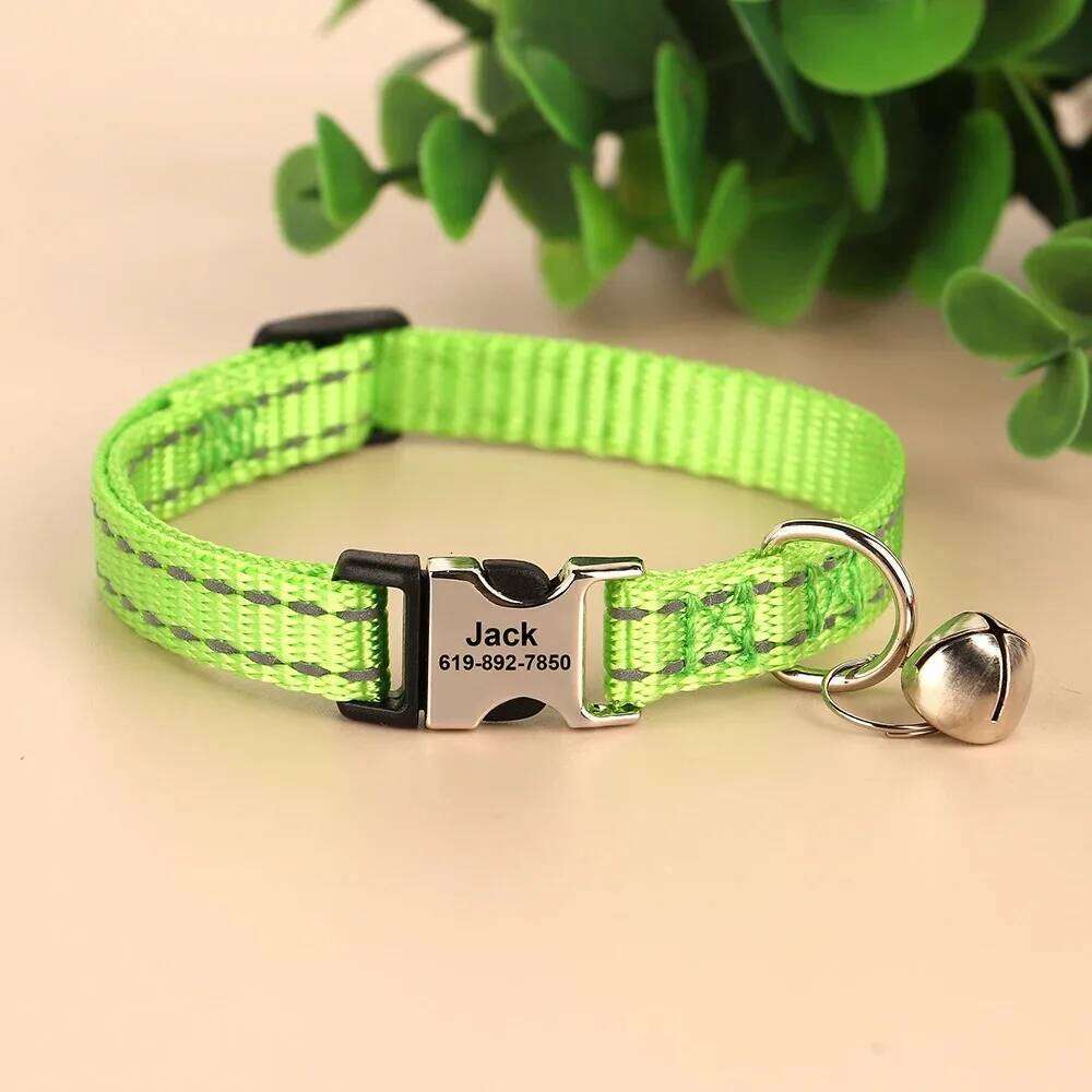 Personalized Cat Reflective Nylon Dog ID Collar With Bell Engraving Name for Small Cats Dogs Chihuahua 6 Colors