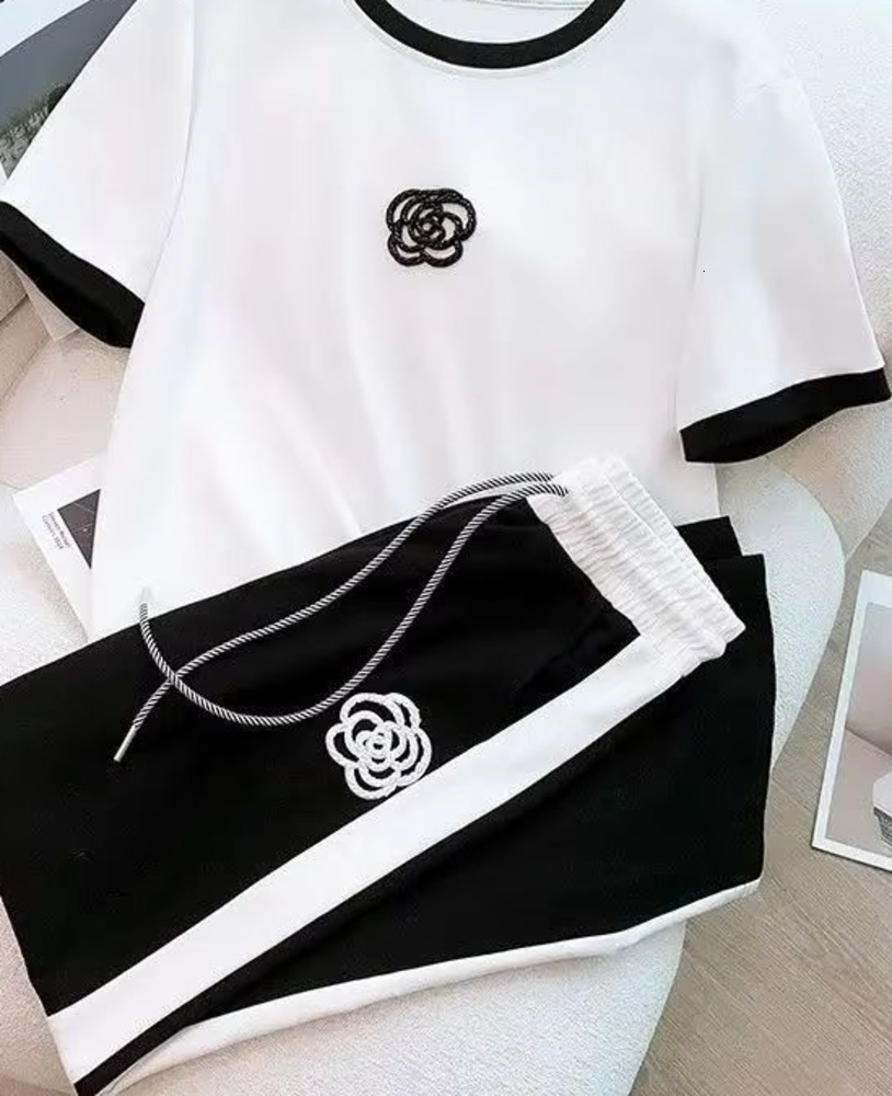 Womens Short Sleeved Sports suit Small Fragrant Style T-shirt Crop Tops And Pants 2 Two Piece Set Summer Clothing For Women 260226