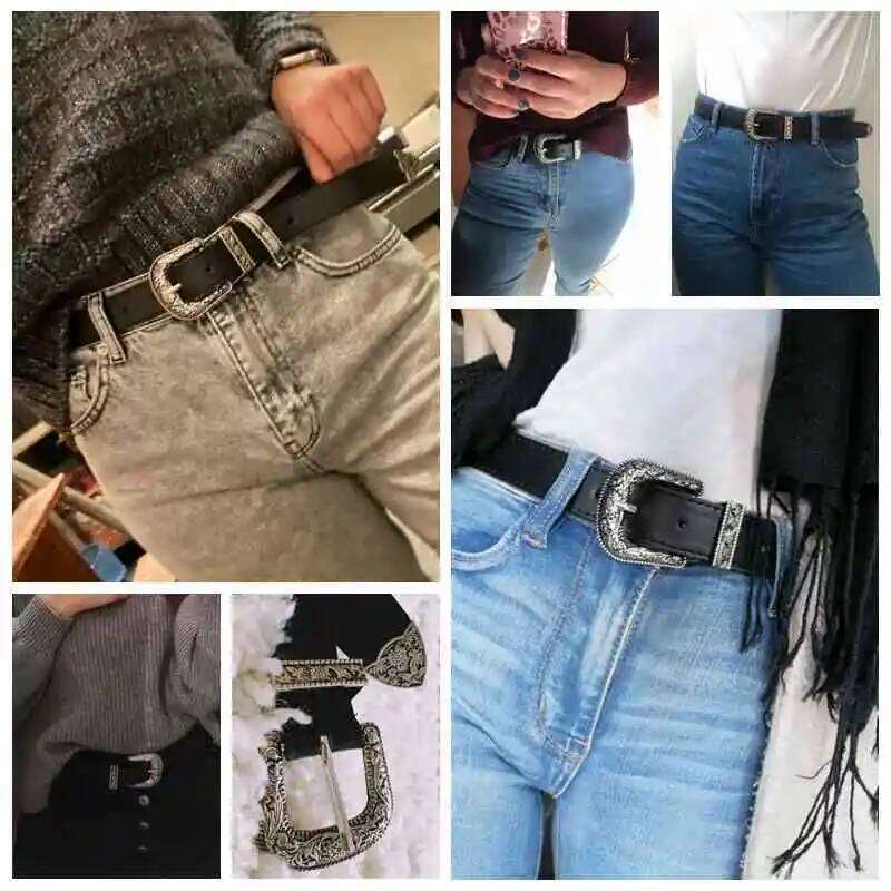 Vintage Western Carved Pin Buckle Women Punk Black Brown PU Leather Width Belt Female Jeans Straps Ladies Dresses Waistband Y260225