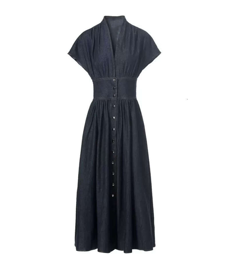 2026 fashion show women's elegant, intellectual, artistic, and simple V-neck waist cinched denim long skirt