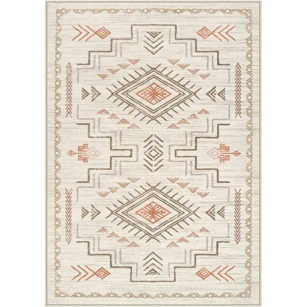 Beige Western and Aztec Tribal Boys Neutral Rug Living Room, Soft Non-Slip Stain Resistant Large Carpet for Bedroom Dining W260226
