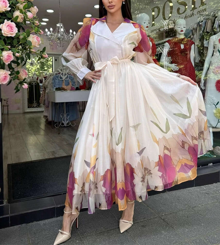 2026 autumn and winter European and American fashion goddess elegant loose flower tie waist casual suit collar long skirt