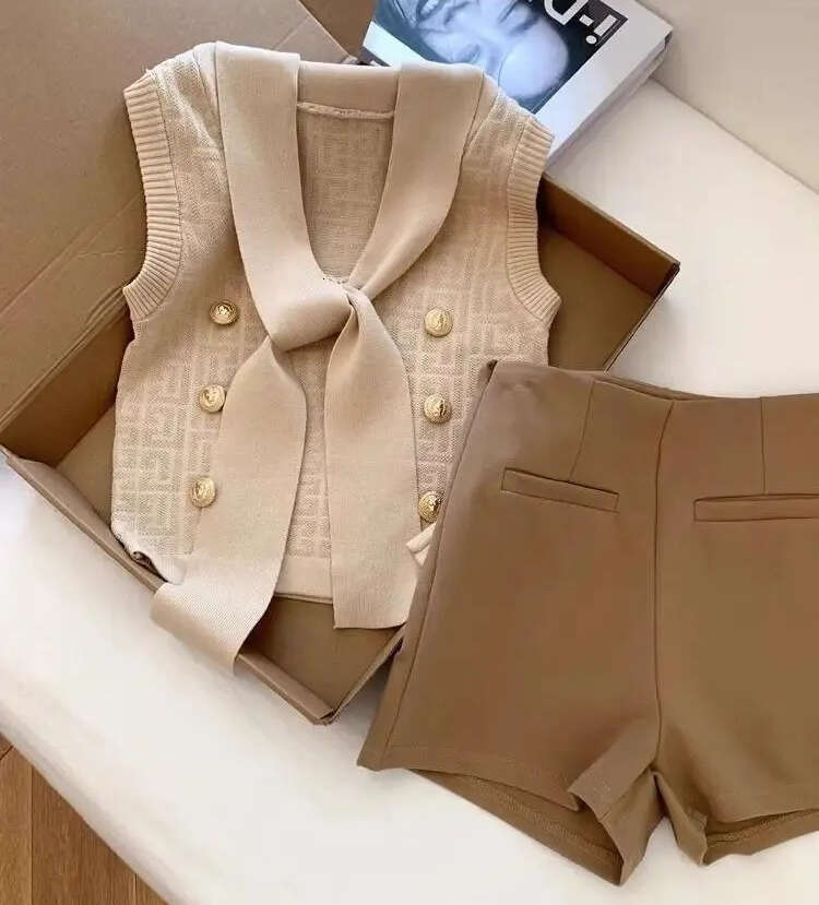 Summer fashion sleeveless knitted vest top slim fit high waisted shorts set elegant charm two-piece 2026