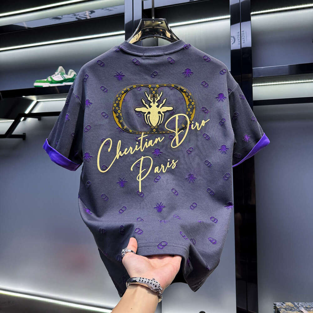 European Style Men's High-End Burnt Flower Bee Short T-Shirt New Summer Trendy Loose American Light Luxury Half Sleeve