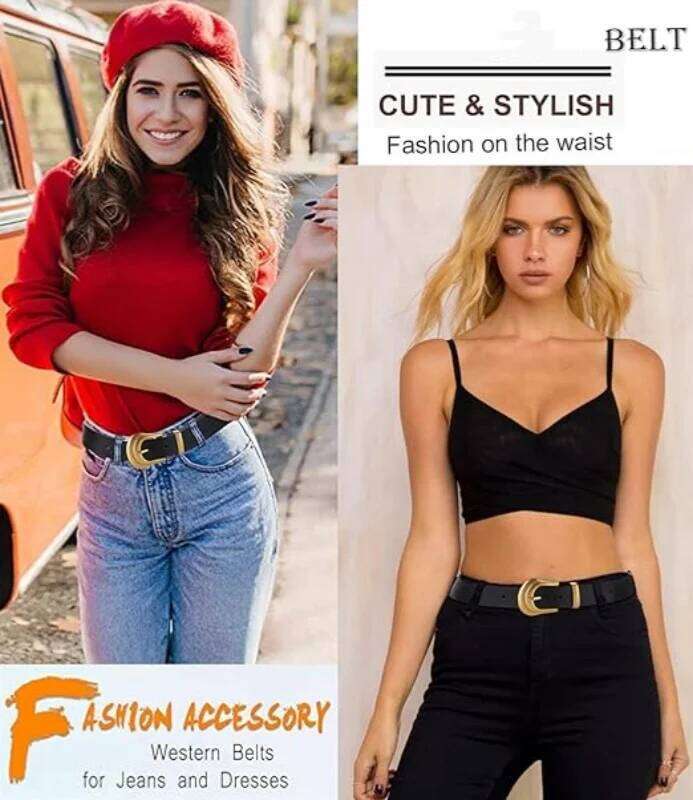 Genuine Women's with Gold Buckle Western for Women Black Leather Belt Retro Waist Belts Y260225