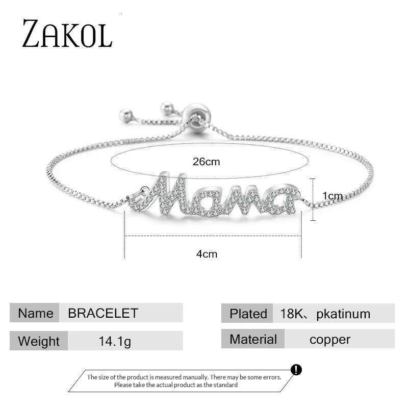 ZAKOL Exquisite Mother's Day Jewelry Gift Mom Letter Sparkling Micropaved Zirconia Gold Color Adjustable Chain Bracelets Z260225
