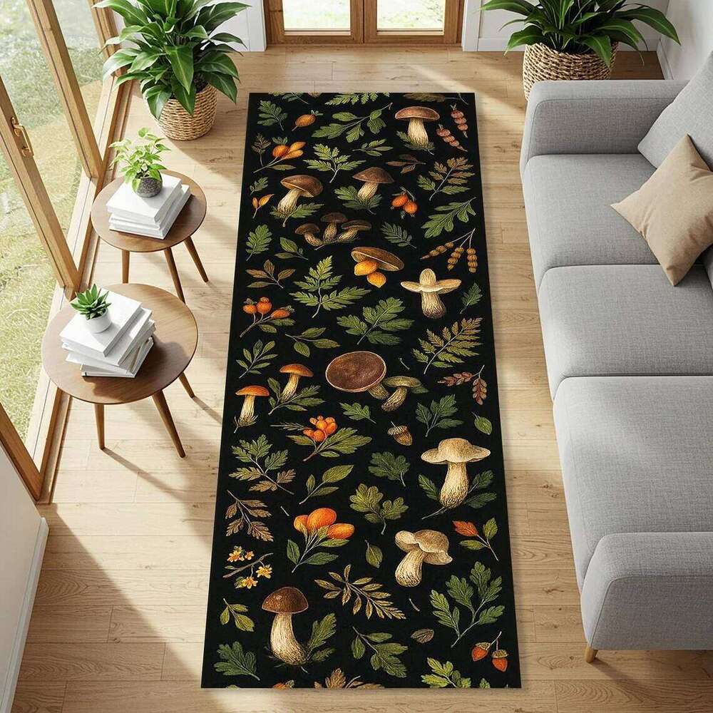 Forest Frog And Mushroom Runner Rug, Whimsical Toadstool Carpet, Dark Woodland Plants Mat, Enchanted Nature Floor Art W260226